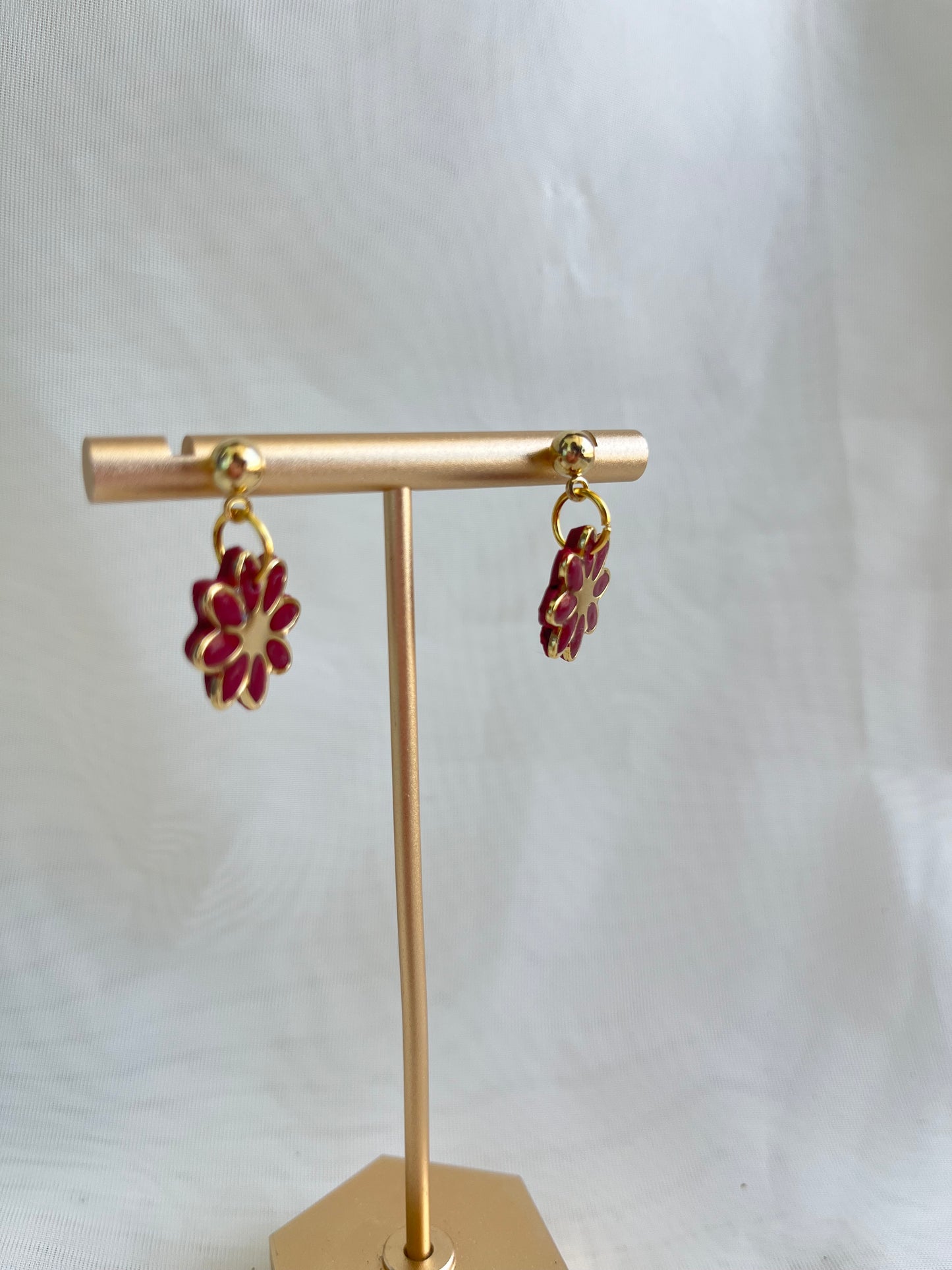 Gold and maroon flower earrings