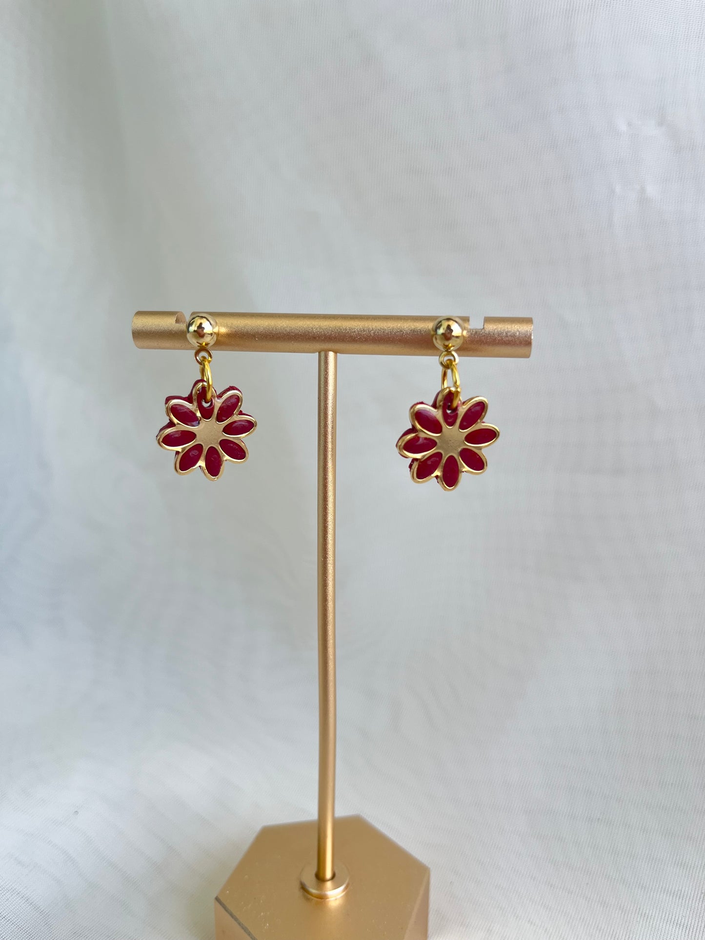 Gold and maroon flower earrings