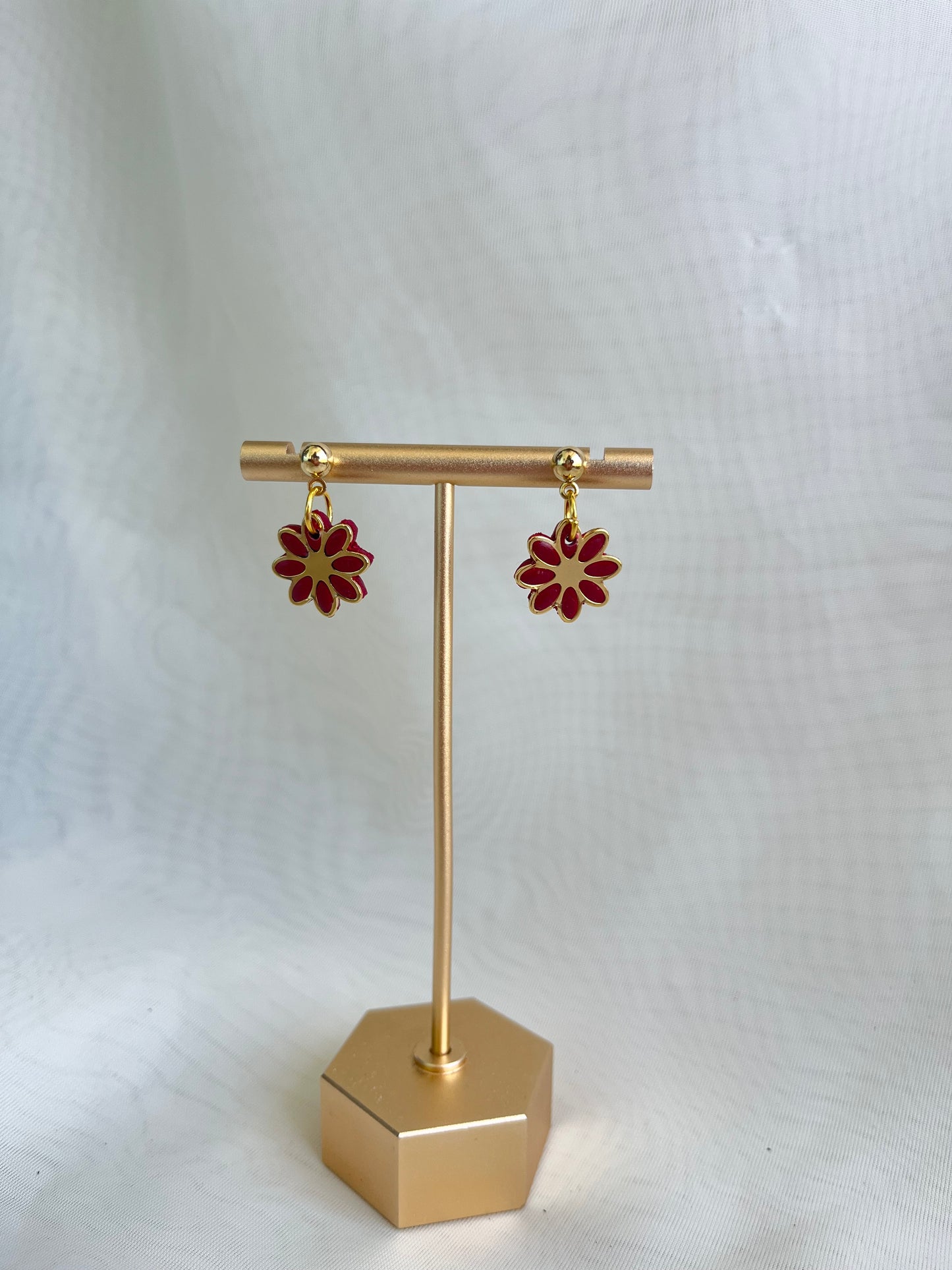 Gold and maroon flower earrings