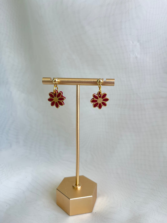 Gold and maroon flower earrings